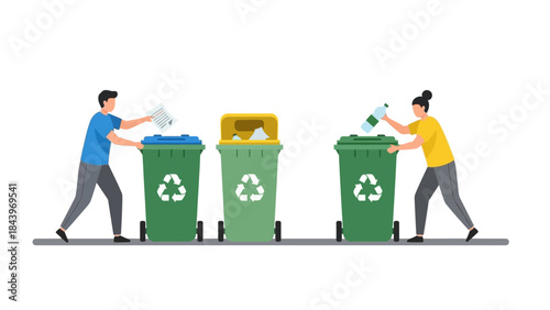 Recycling concept with people sorting waste into bins for sustainable living