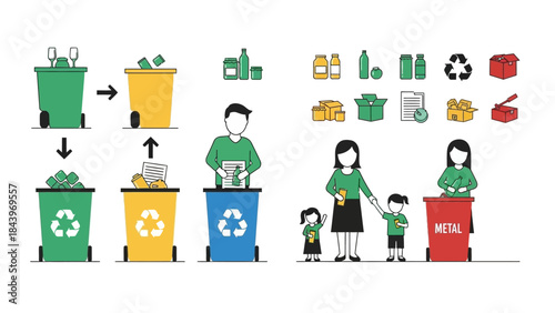 Recycling process and waste sorting with family in flat style