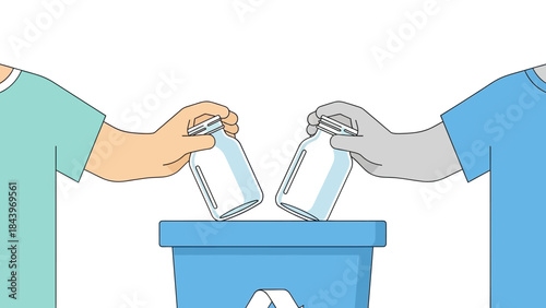 Diverse hands recycling glass bottles into blue bin for eco-friendly clean-up