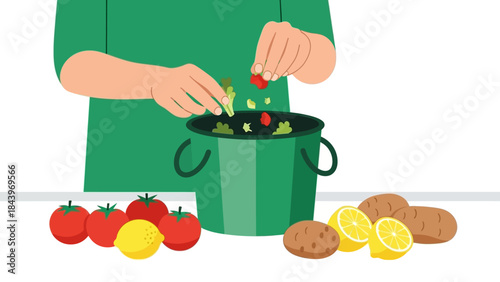 Sustainable composting concept with fresh vegetables and fruits in minimalist design