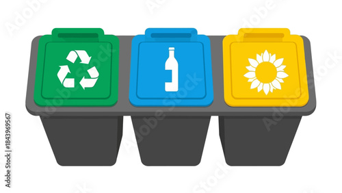 Colorful recycling bins for waste segregation with eco-friendly icons