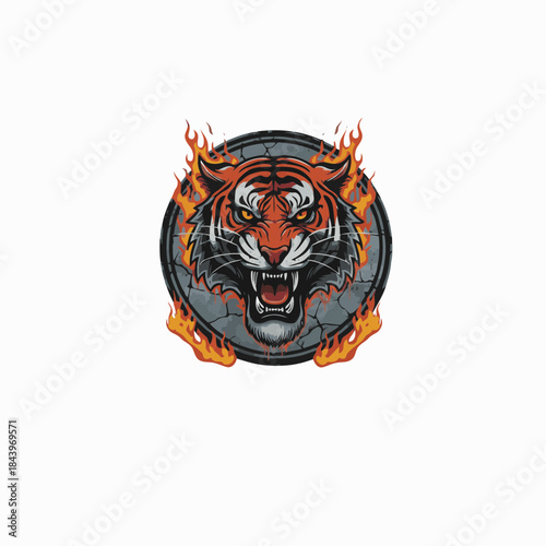 Angry tiger head mascot logo with flames isolated on white background
