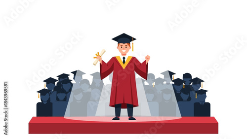 Graduation celebration: student on stage with diploma and cap in hand