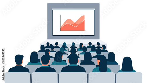 Business presentation in theater setting with projected data chart