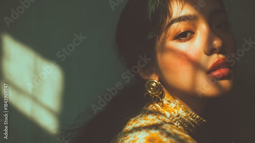 Intimate Portrait of an Asian Woman Bathed in Contrasting Light and Shadow