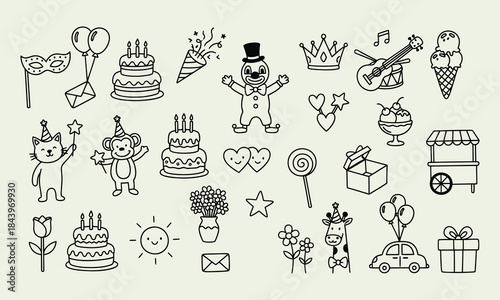 Collection of birthday party icons and symbols