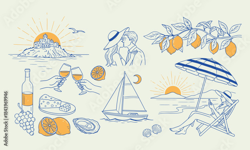 Beach vacation illustrations and summer activities