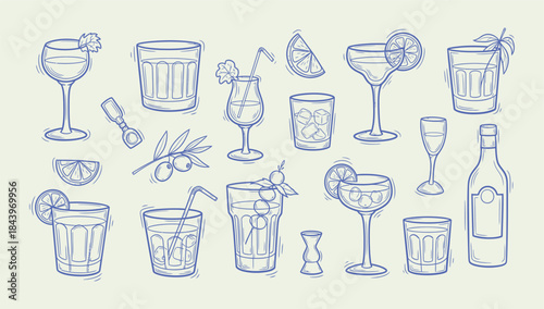 Collection of various cocktail glasses and barware illustrations