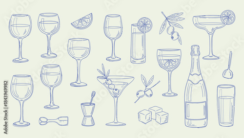 Collection of various cocktail glasses and drinkware illustrations