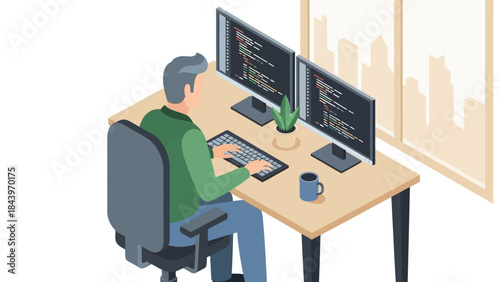 Isometric office scene with developer coding at dual monitors