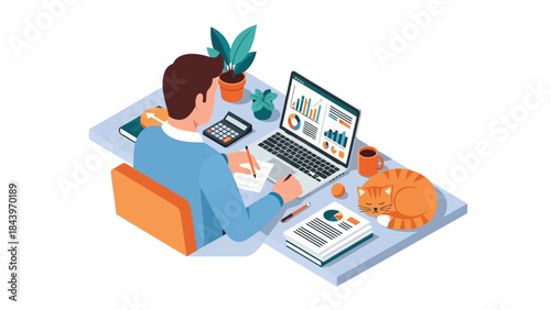 Isometric office workspace with charts and sleeping cat