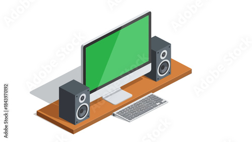 Modern desk setup with computer monitor, speakers, and keyboard in isometric view