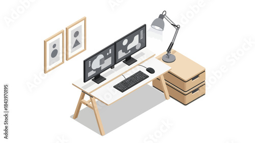 Modern office workspace with dual monitors and scandinavian design elements