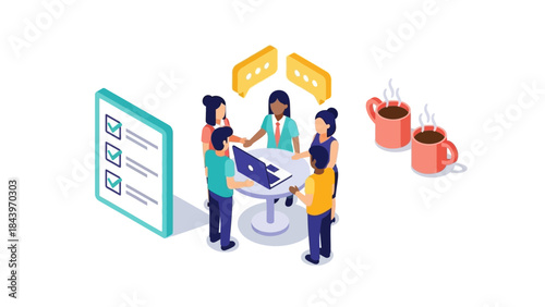 Isometric team collaboration with diverse business professionals and technology elements