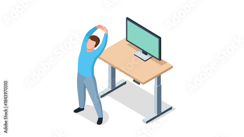 Isometric office stretching: man practicing desk exercises for workplace wellness