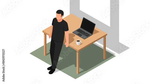 Isometric office scene with man, laptop, and coffee on table