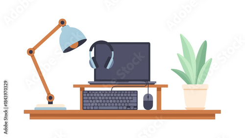 Minimalist workspace with laptop, headphones, and desk lamp on shelf with plant