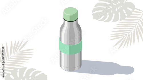 Modern isometric stainless steel water bottle with tropical leaf background