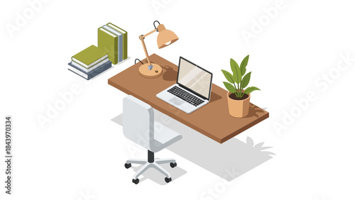 Modern workspace isometric design with laptop, desk, books, and plant