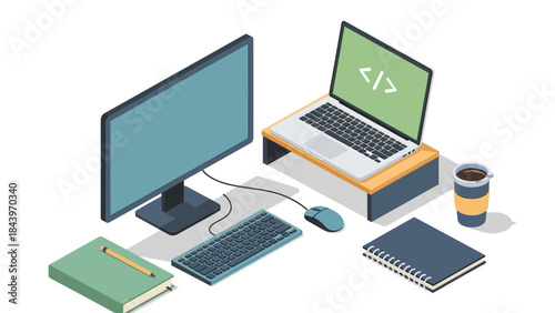 Modern workspace with computer and coffee in isometric design
