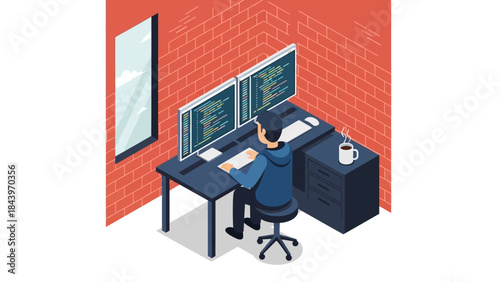Isometric modern workstation with programmer coding in home office setup