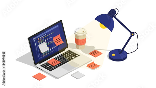 Cozy workspace with laptop, code on screen, and desk lamp