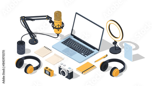 Modern podcast setup with isometric office devices and accessories for content creators