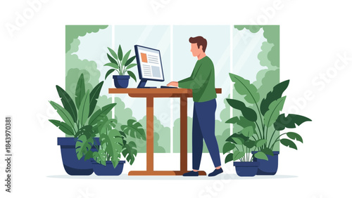 Home office productivity: man working standing at desk surrounded by indoor plants