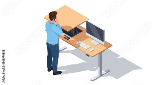 Isometric office worker at adjustable desk with computer and phone
