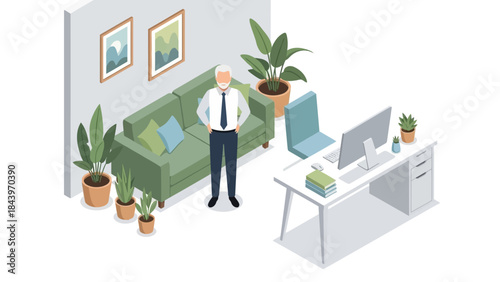 Isometric office scene with elderly man, desk, and indoor plants