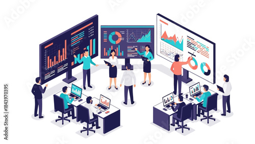 Dynamic isometric office meeting with data visualization and diverse team collaboration