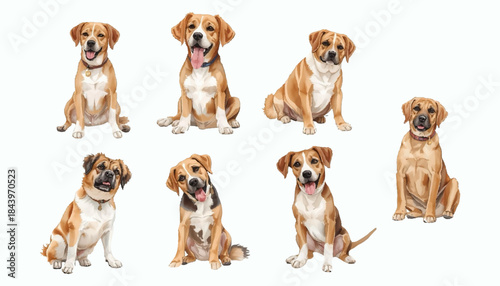 A charming collection of various adorable mixed-breed dogs, each one sitting with unique poses and happy expressions, perfect for pet-related designs and showcasing canine diversity