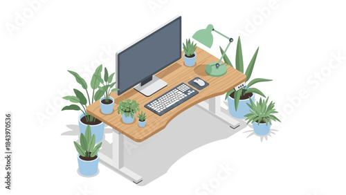 Modern home office desk with computer and indoor plants in isometric style