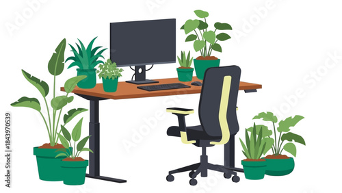 Modern home workspace with adjustable desk and potted plants