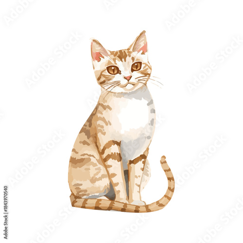 Adorable tabby cat illustration with warm brown and white fur, sitting elegantly on a white background with a gentle gaze