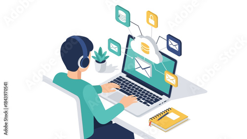 Isometric design of man using laptop with cloud computing and email icons