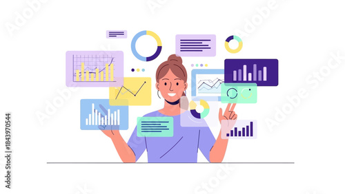 Woman analyzing data with colorful graphs and charts in modern flat design
