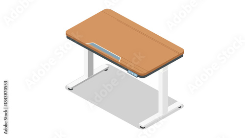 Adjustable height desk with wood top and digital control in isometric view