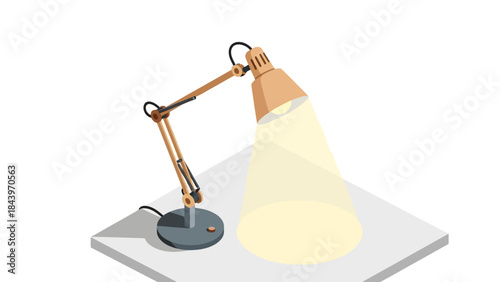Isometric desk lamp on white surface with warm light beam