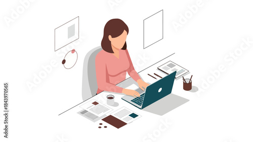 Isometric office scene with woman working on laptop surrounded by documents and coffee