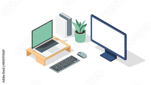 Modern workspace setup with laptop and desktop in isometric style