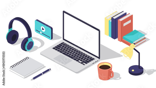 Modern isometric desk setup with laptop, books, and office accessories