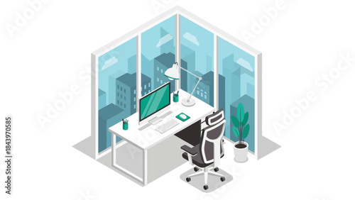 Modern office workspace with computer and city view from large windows
