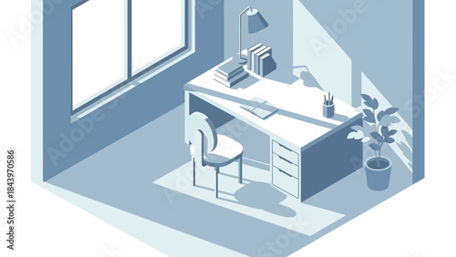 Minimalist isometric workspace design with desk, chair, and books in soft blue tones
