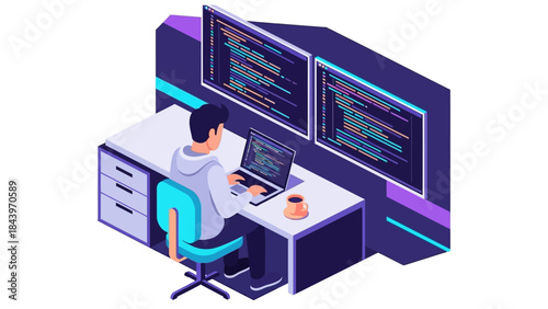 Isometric design of a programmer working at dual monitors for coding and development