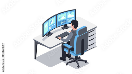 Isometric design of a person at a workstation with dual monitors and office chair