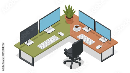 Modern office workspace with dual monitors and office chair in isometric style