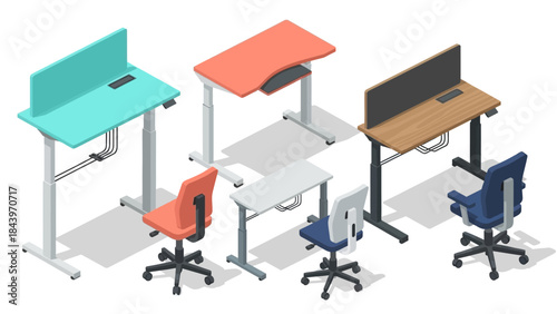 Modern isometric office desks and chairs collection for ergonomic workspace design