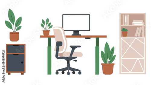 Modern home office setup with desk, chair, and plants