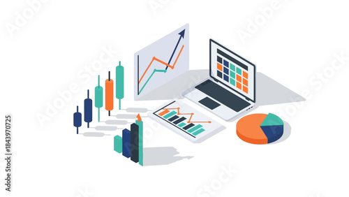 Isometric business analytics and data visualization with laptop and charts
